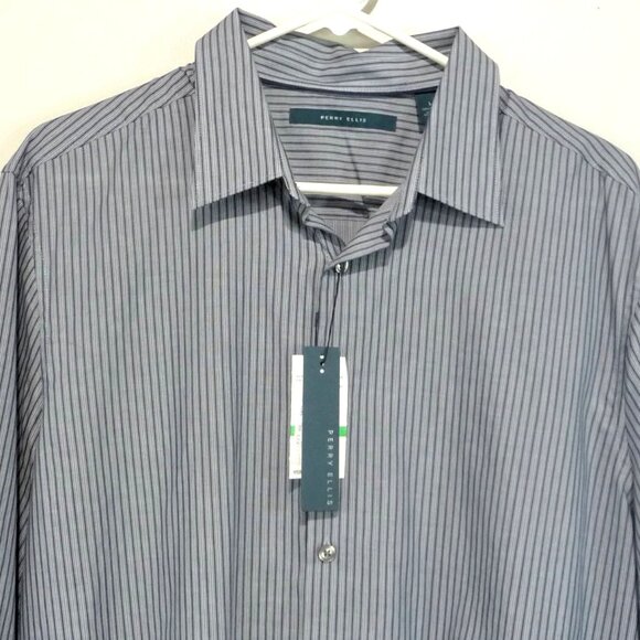 PERRY ELLIS SIZE LARGE GRAY PINSTRIPE SHIRT 100% COTTON - Picture 1 of 8